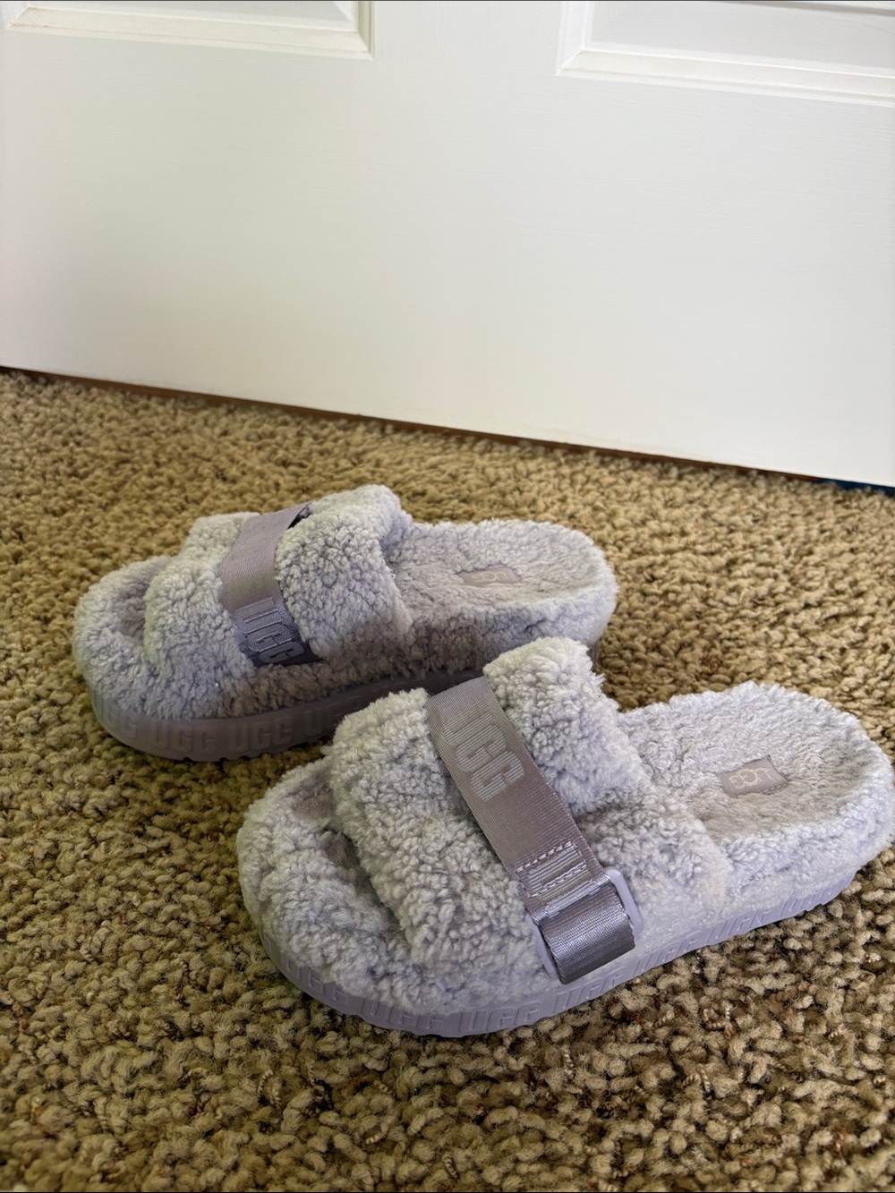 UGG Plush Shearling Slide Sandals in Light Gray